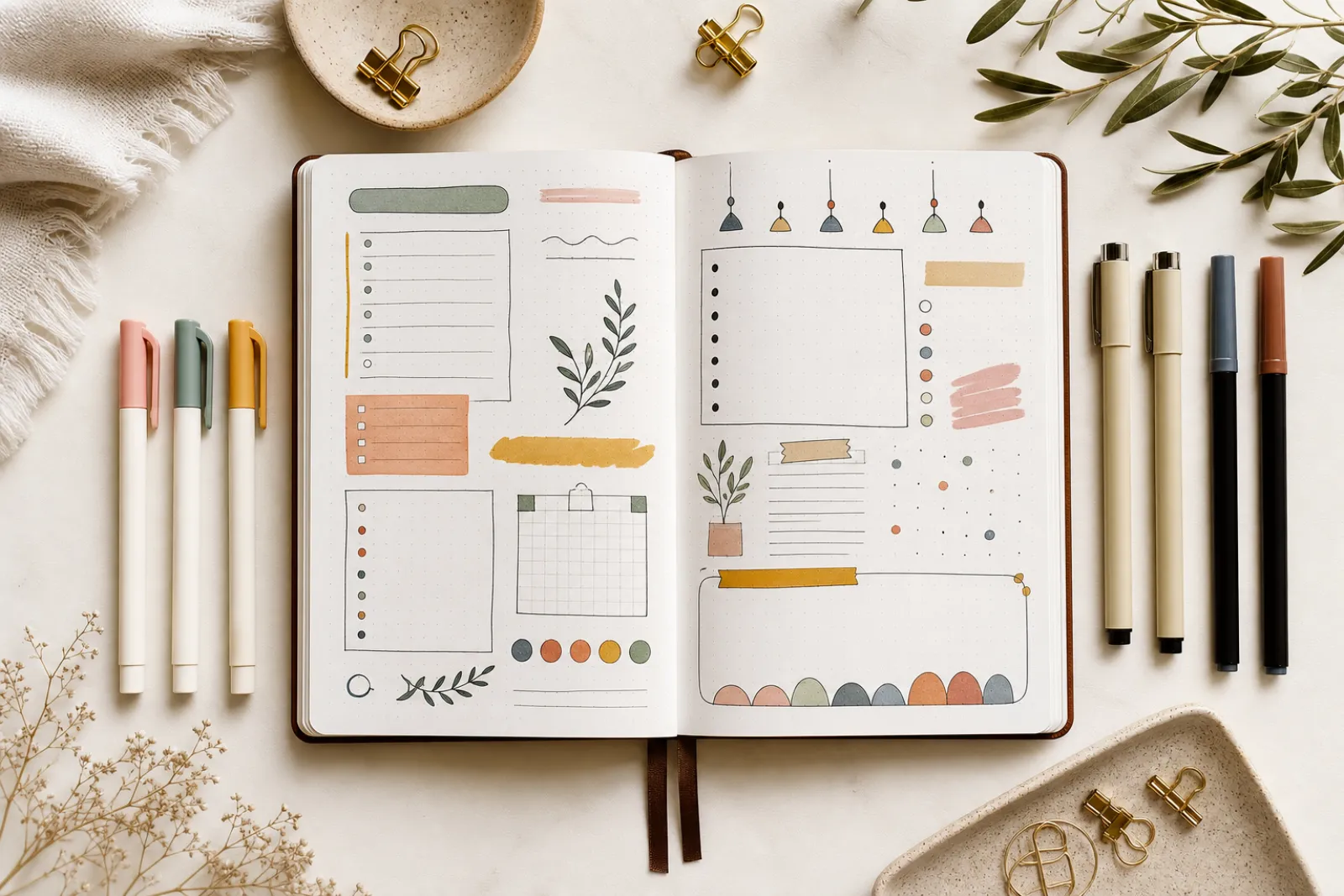 best pens for bullet journaling with fineliners markers and color coded spread
