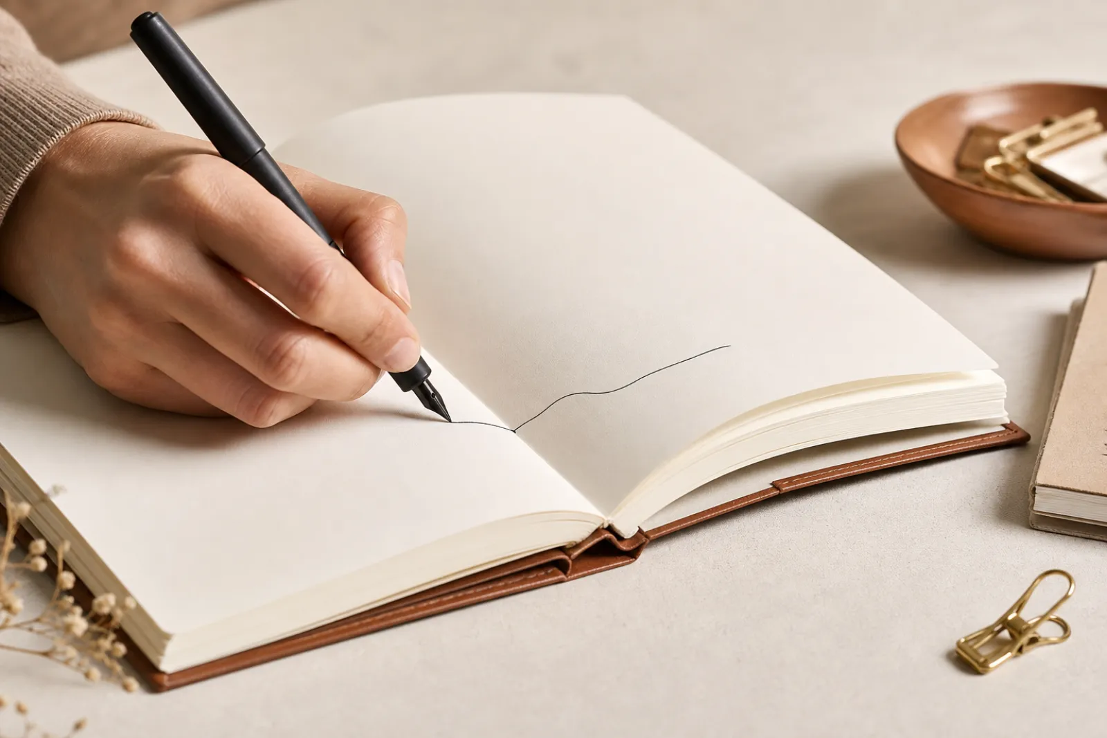 left-handed writer journaling with a quick-drying pen without smudging