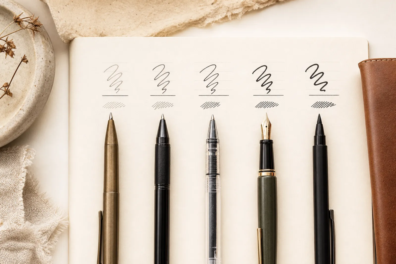 five pen types for journaling lined up side by side