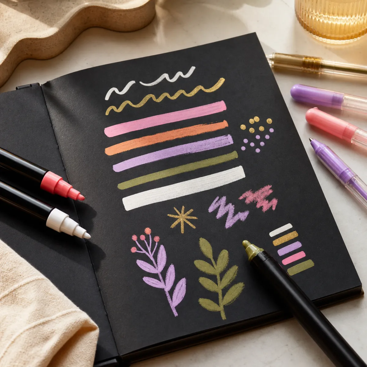paint pens and pastel gel pens writing on black paper journal