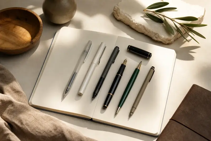 best pens for journaling flat lay on open notebook